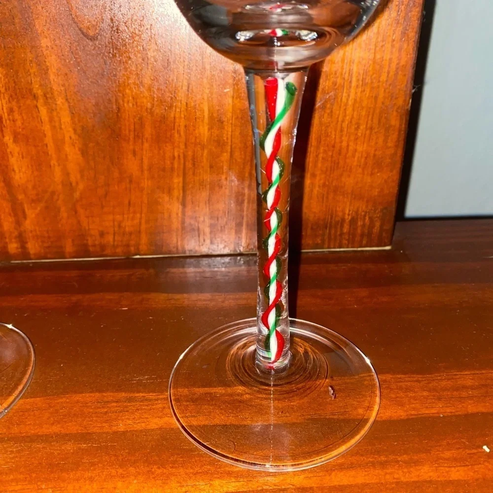 Pier 1 Glass Goblets Ribbon Candy RED WHITE GREEN Swirl Stems Set of 2 9